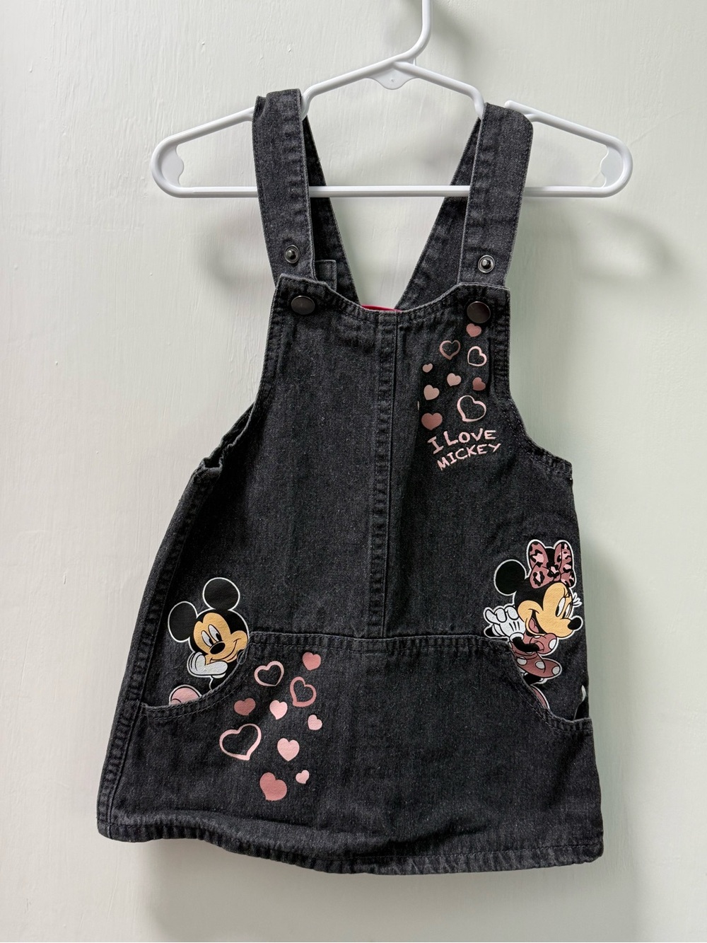 Disney Black Denim Mickey & Minnie Overall Dress with Pink Hearts